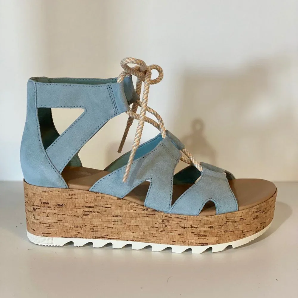 Sorel Blue Suede Cork Platform Sandals with Rope Laces
